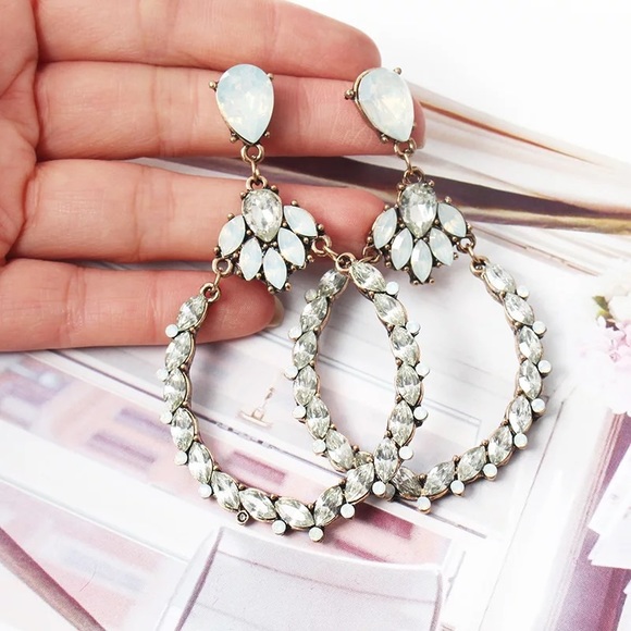 “Alana” light blue & clear glass crystal earrings / gold tone large elegant hoop - Picture 2 of 8